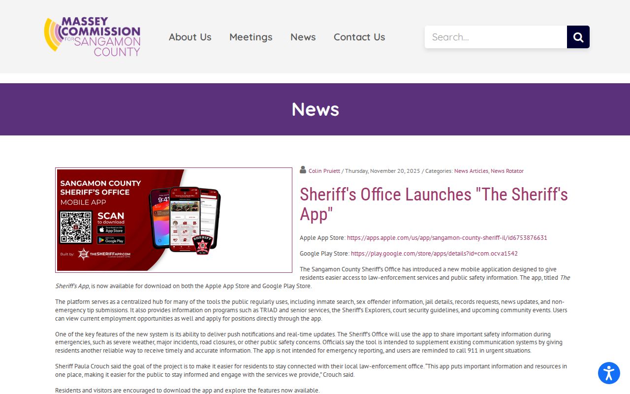 Sangamon County Sheriff app announcement for inmate search and arrest information access