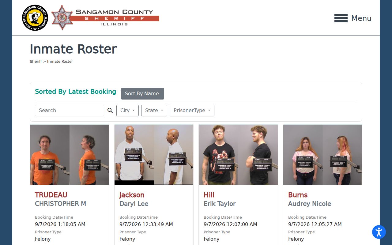Sangamon County official inmate roster search screen
