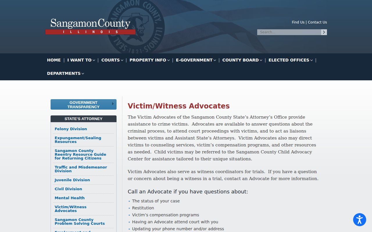 Sangamon County Automated Victim Notification and advocate contact page