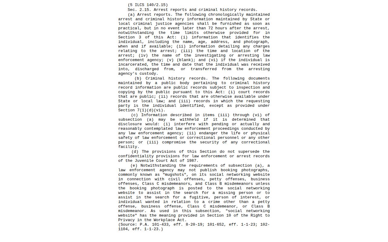 Illinois statute page for release of arrest information