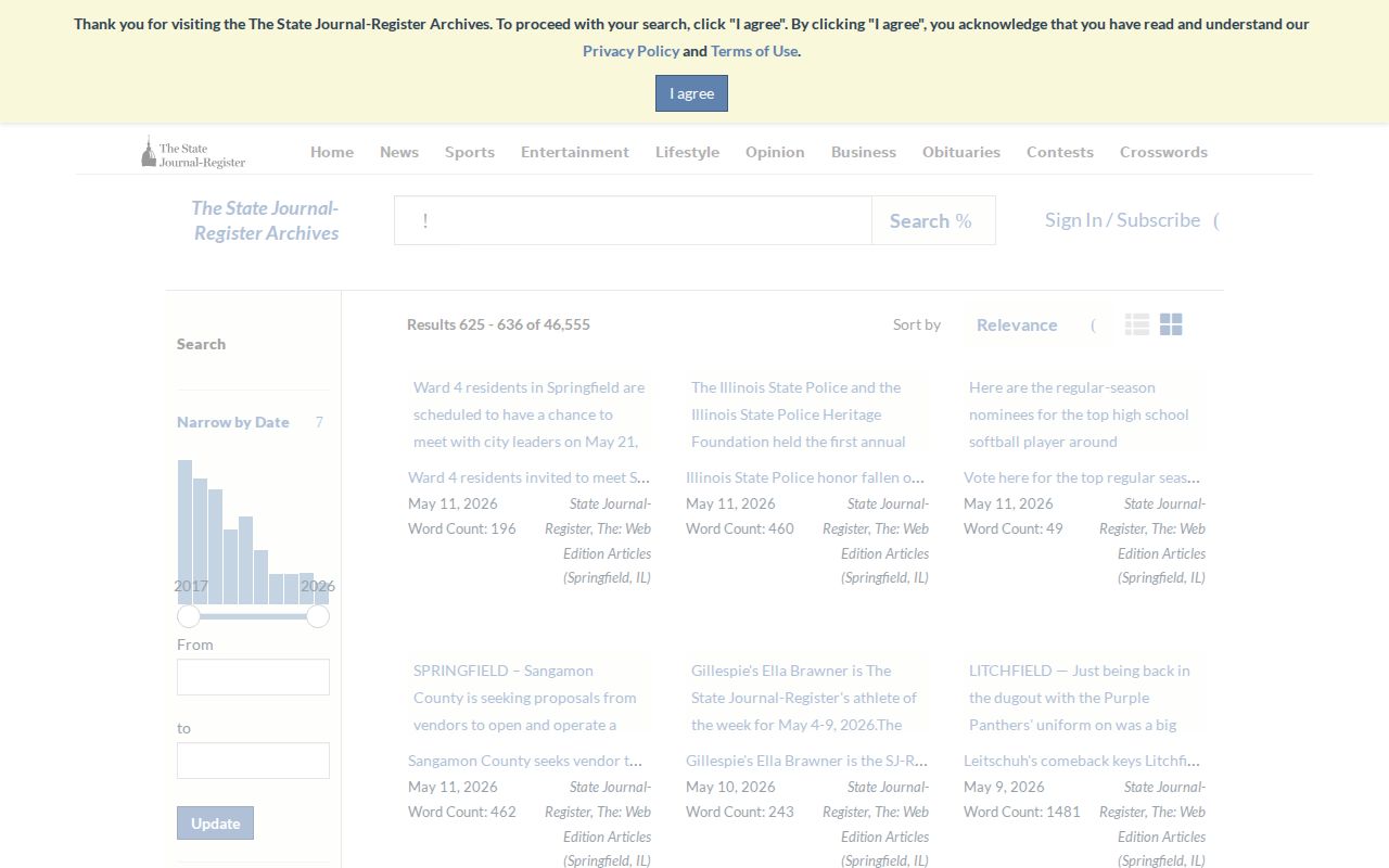 State Journal-Register archive search route for Sangamon County news